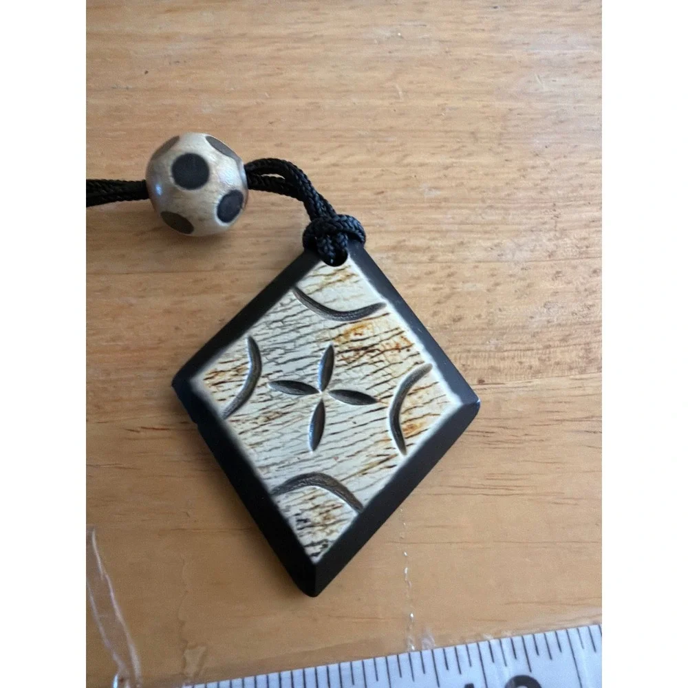 Handcrafted Tribal Geometric Carved Bone Wood Pendant Cord Necklace Black Long